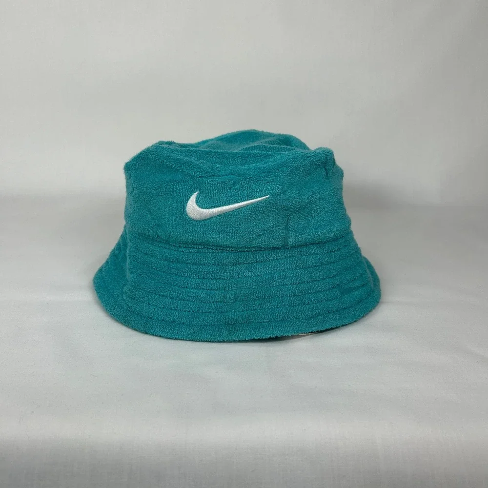 NWT Nike Teal Blue Terry Cloth Bucket Hat  White Swoosh & Chin Straps Infant 24M
